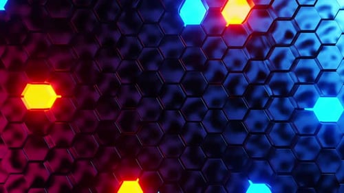 Futuristic Hexagonal Grid Background with Pulsating Neon Lights