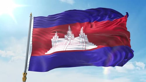 Realistic Waving Cambodia Flag Against Blue Sky