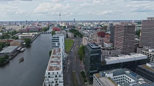 Aerial view of modern buildings on the bank of spree river Berlin, Germany .