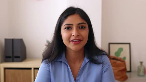 POV Screen View of Young Indian Businesswoman Talking on Laptop Video Call