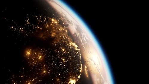 Espaço Sol e Planeta Terra à noite