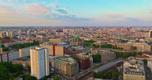 Aerial View of Famous Berlin Cathedral at Sunrise with Famous Television Tower is in the Background