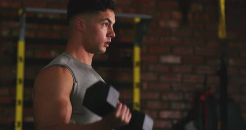 Dumbbell, sweaty strong man and workout arm strength, muscle growth development