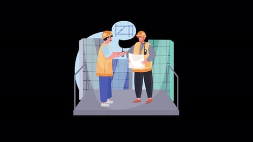 Flat Design Animation of Construction Workers Discussing Blueprints