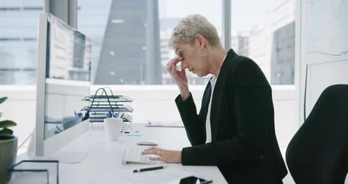 Business woman, stress and headache on computer for stock market mistake