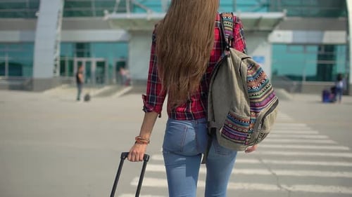 Traveler Tourist Woman Airport Backpack Luggage Airport Carrying Baggage Suitcase Travel Tourism