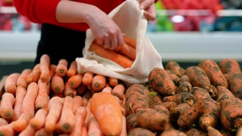 Mujer recogiendo zanahorias en una bolsa reutilizable en una tienda. Temáticas del Día de la Tierra y la Ecología