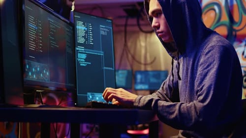 Hacker at Computer Developing Spyware