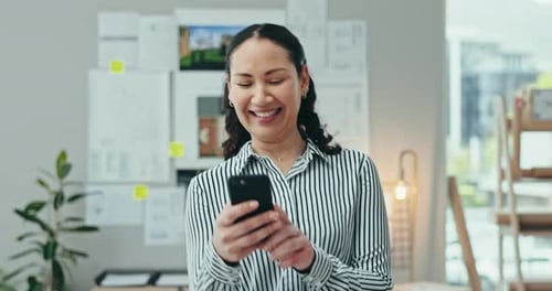 Happy woman, walking and typing with smartphone in office for social media