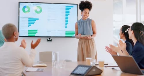 Business woman, seminar success and applause with tablet and screen, stats and ppt