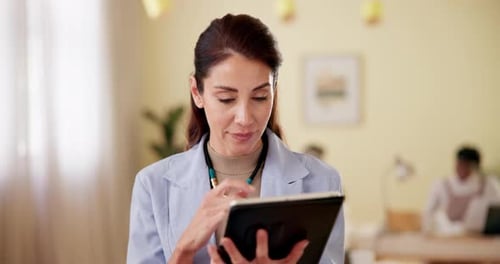 Tablet, thinking and business woman research, idea or reading news for publishing in startup office