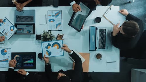 Top view of business people discussing about financial strategy. Directorate.