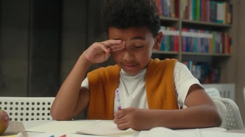 Tired Exhausted Little Boy African American Kid Child Student Schoolboy Pupil Weary Sad Upset Son