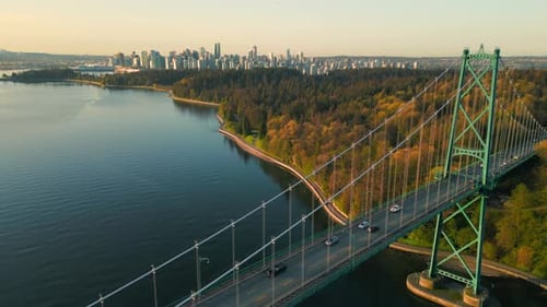 Aerial View of Lions Gate Bridge and Stanley Park at Dawn Canada