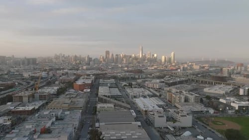 Cityscape with Downtown Skyscrapers at Sunset Aerial Panoramic View of Metropolis