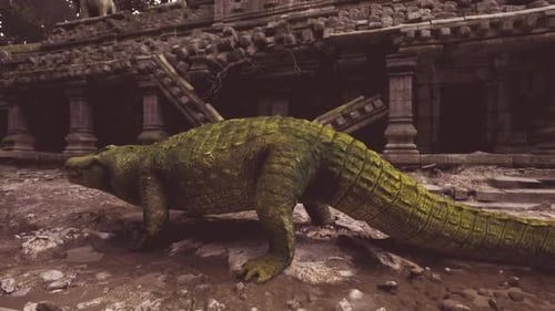 Crocodile explorant les anciennes ruines d'un temple de la jungle pendant la journée
