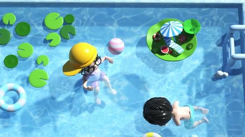 Swimming ring floating on blue water pools. 3D animation. Summer season idea concept.