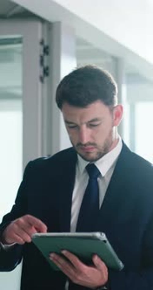 Walking, man and scroll with tablet in office for economic news, trading platform and investment