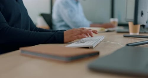 Computer, hands and businessman typing on a keyboard while working on a corporate project in office