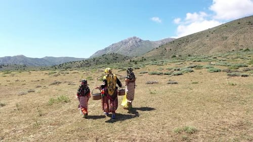 Vue aérienne de femmes et de filles vêtues de vêtements traditionnels transportant de la nourriture sur la montagne