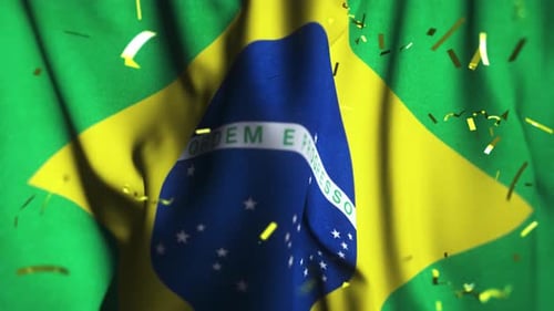 Waving Brazilian Flag with Falling Golden Confetti Animation