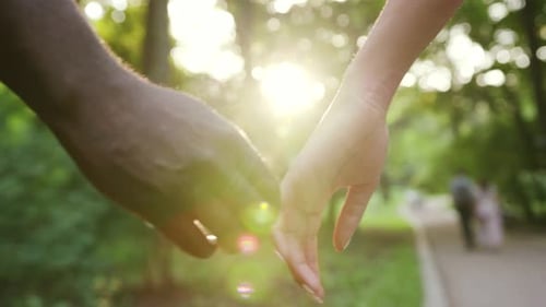 Slow Motion Close Up African American Couple Holding Hands and Walking in Park Woman Sunny Love