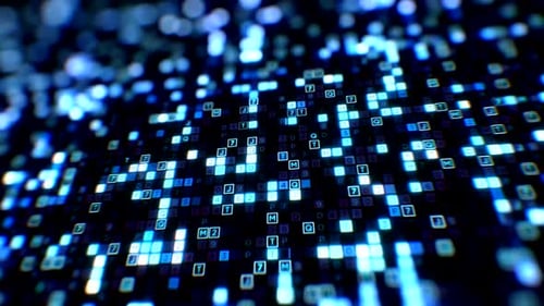 Glowing blue digital matrix with moving squares and numbers