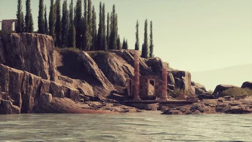Ruins of an Ancient Roman Temple Along a Serene Riverside Landscape