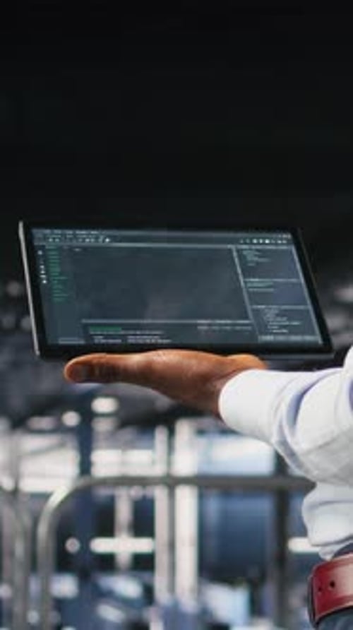 Vertical Video Close Up of Programmer Swiping on Tablet Display in Data Center Checking Code