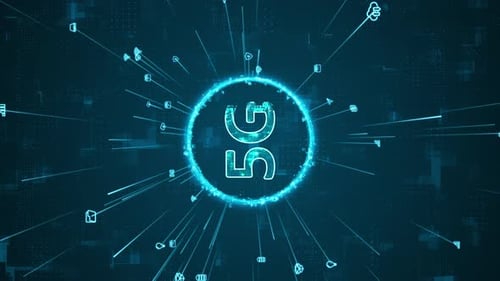 Blue digital 5G logo and ring rotation around logo with ai icon spread and line linked on background