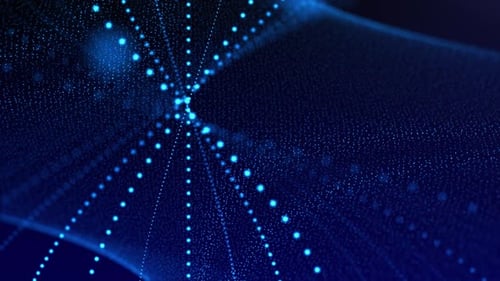 Seamless loop animation of blue abstract background with smooth particle waves and energy lines