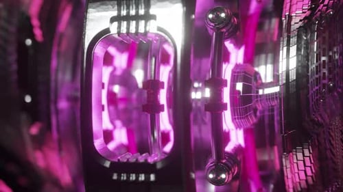 Complex Metallic Device with Intricate Details Rotates Emitting Bright Purple Plasma Energy