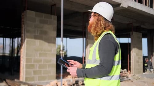 Building planning with tablet on construction site in worker engineer man hands