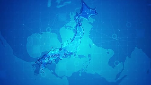 Futuristic Digital Network Map of Japan with Data Flow