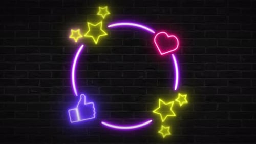 Circle frame neon signboard flickering with stars, thumb up and heart, social media on bricks wall.