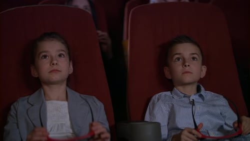 Children Wearing 3d Glasses at Cinema Chair. Brother and Sister Watching 3d