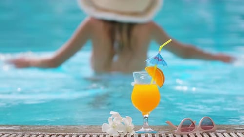 Beautiful Young Traveler Happy Beach Bikini Woman in Summer Relax in Sun Tropical Swimming Pool