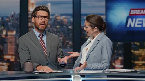 Team Reporters Discussing News Making Evening Broadcast Closeup Anchors Talking