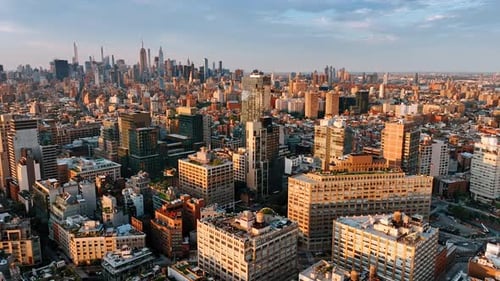 Concrete and glass jungles of New York. Immense cityscape with densely built areas. Top view.