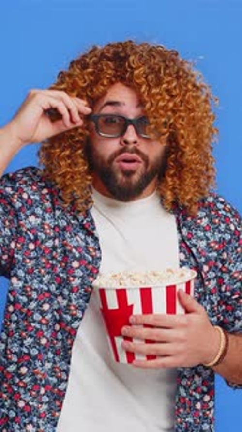 Excited Man in 3D Glasses Eating Popcorn Watching Interesting Tv Serial Sport Game Cinema Film