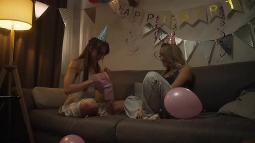 Two Women Celebrating Birthday Party at Home