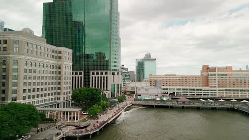 Aerial View of Downtown Buildings on Riverbank in Jersey City USA