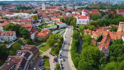 Cityscape at Marionio Street towards the Cathedral of the Theotokos, Vilnius, Lithuania.