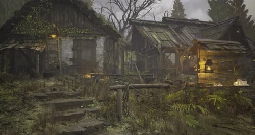 Mysterious Forest Cabin Retreat Surrounded By Overgrown Greenery at Dusk