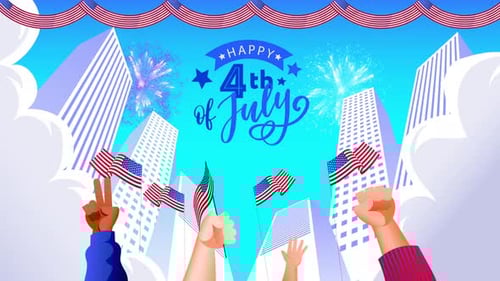 Happy 4th of July Celebration with Flat Design Flags and Fireworks