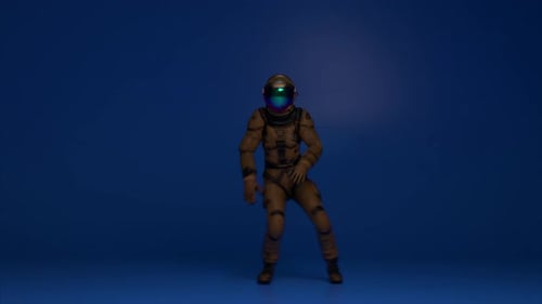 An Astronaut in a Space Suit is Dancing on a Bright Blue Background