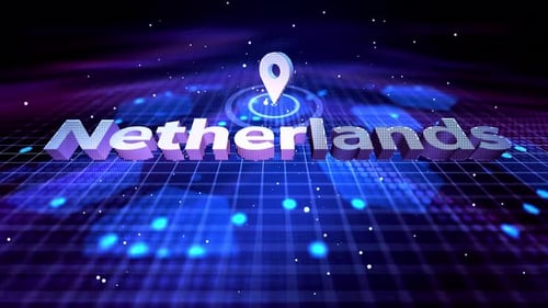 Futuristic Netherlands Location Pin Reveal on Digital Grid