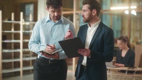 Caucasian Businessmen Men Coworkers Business Partners Professional Colleagues Talk in Office Discuss