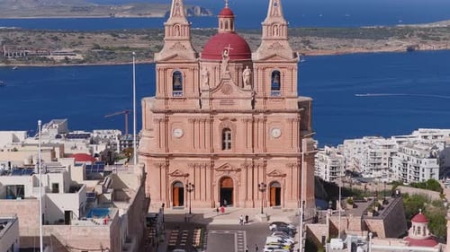 Aerial View of Mellieha Parish Church with Red Dome and Towers
