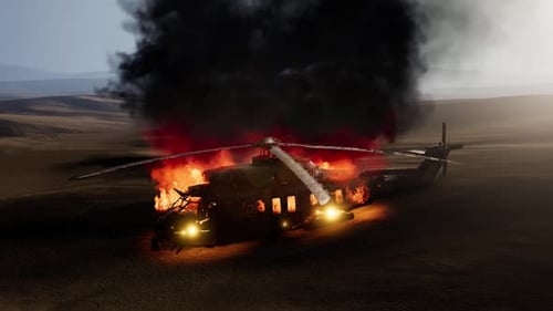Burned Military Helicopter in the Desert at Sunset
